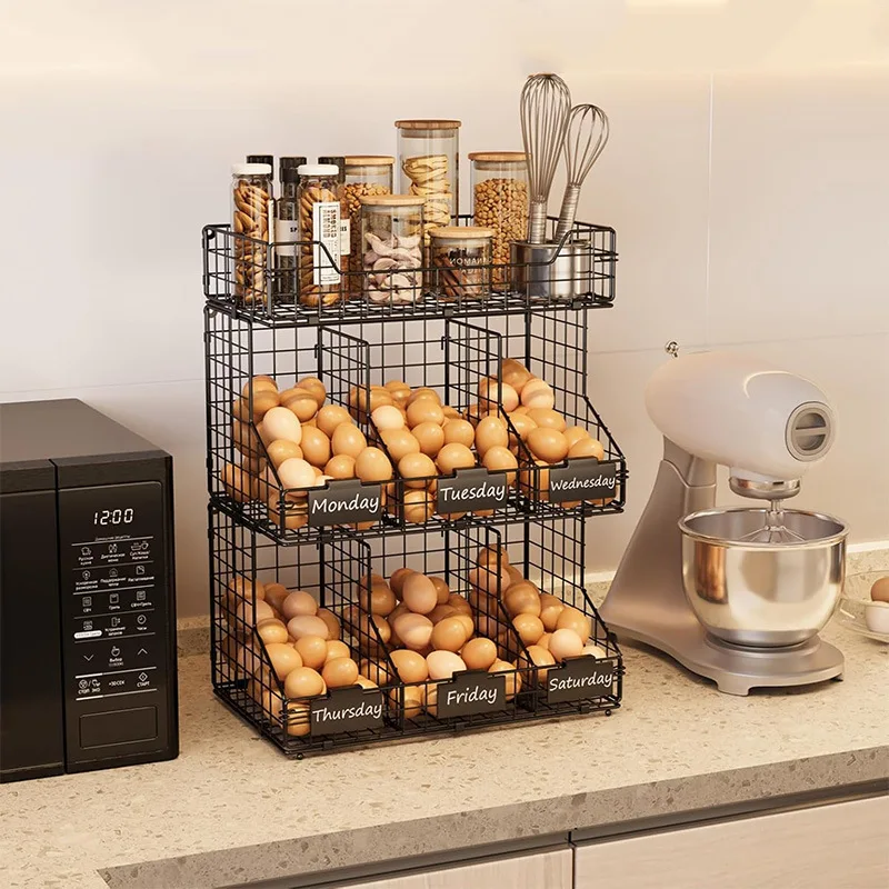 

Three-layer egg rack with label separation Separable eggs Stackable steel wire basket Wall-mounted egg dispenser