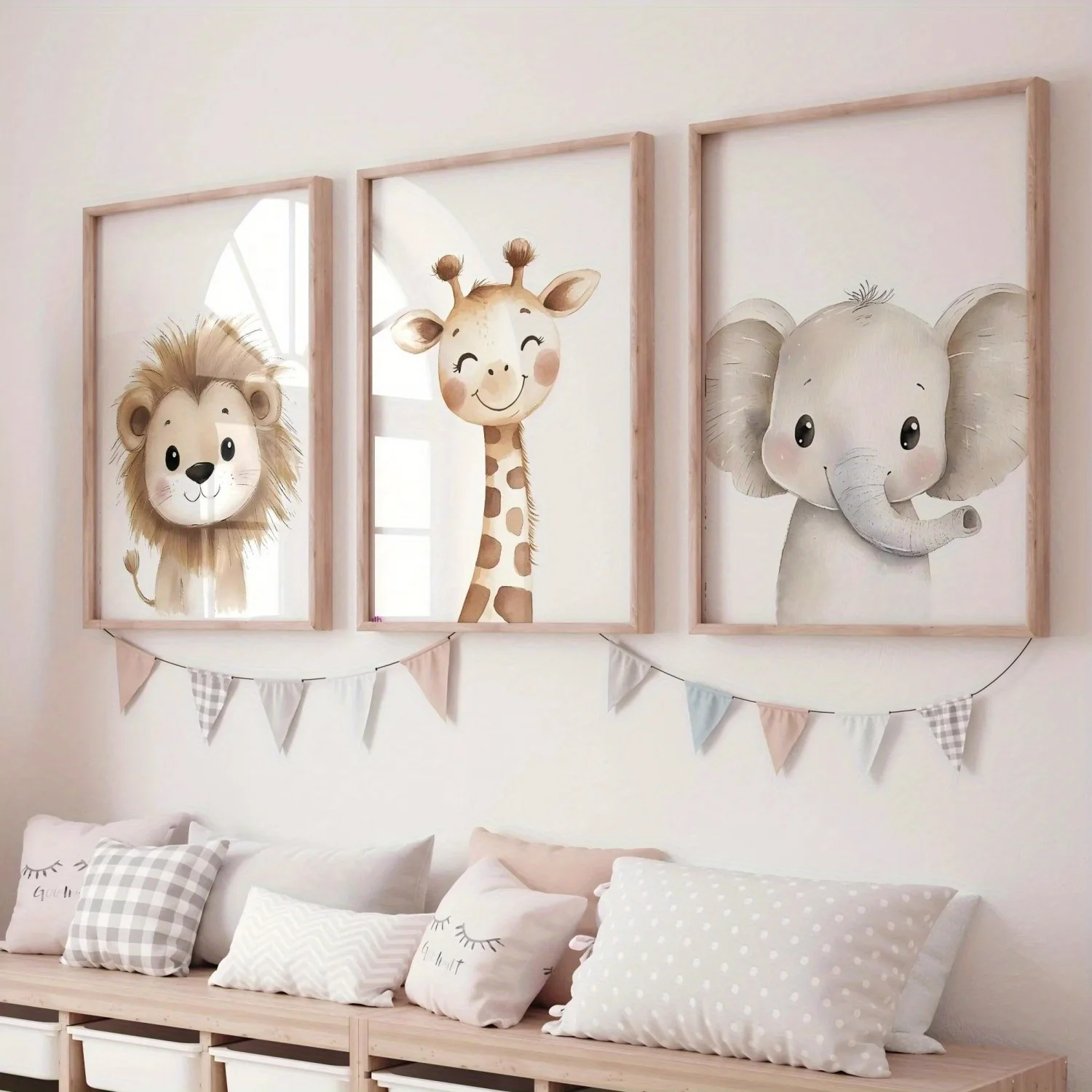 3pcs/ set Cute Cartoon Animal Style Wall Decor Art Set, Cute Lion, Giraffe and Elephant Art, Fun Animal Kingdom Print Canvas Pri - view 3