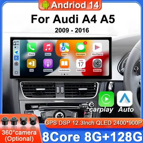 안드로이드 14 무선 카플레이 카 라디오 멀티미디어 플레이어 아우디 A4 b8 A5 S5 2009-2016 4G WIFI 우핸들 GPS DSP 스테레오