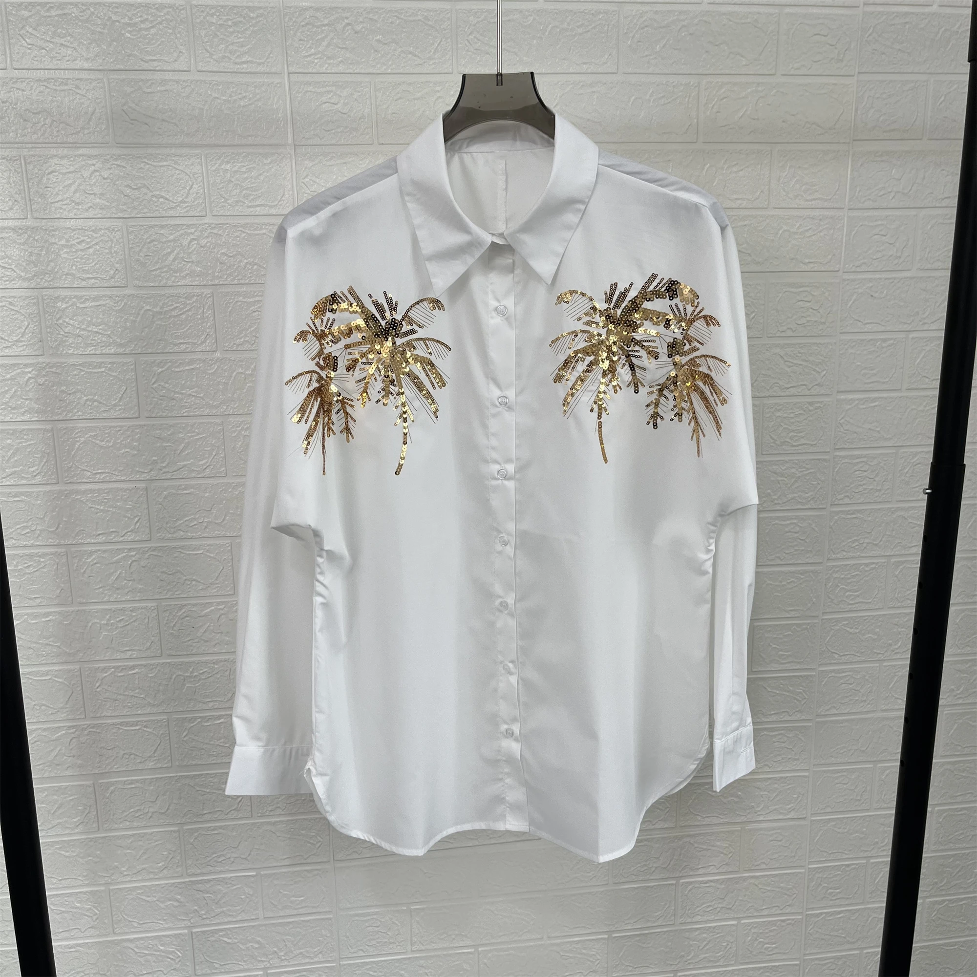 

Taop & Za-Women's Long Sleeved Loose Shirt, Pearl Embroidery Lapel, Simple Temperament, Casual, Summer, 2024