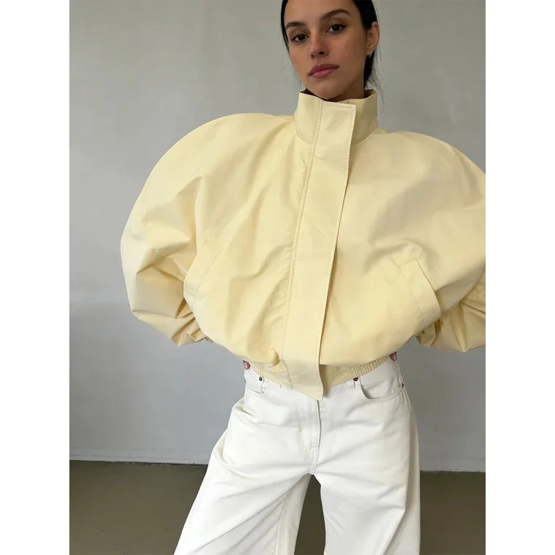 

BKQU Classic Solid Zip Up Bomber Jackets Women Stand Collar Long Sleeve Oversized Coats 2026 New Lady Daily Streetwear Outerwear