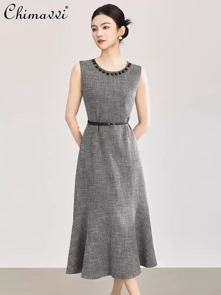 

French Elegant Temperament Socialite Bead Crew Neck Sleeveless High Waist Belt Slim Fit Fishtail Long Dress Women 2026 Summer