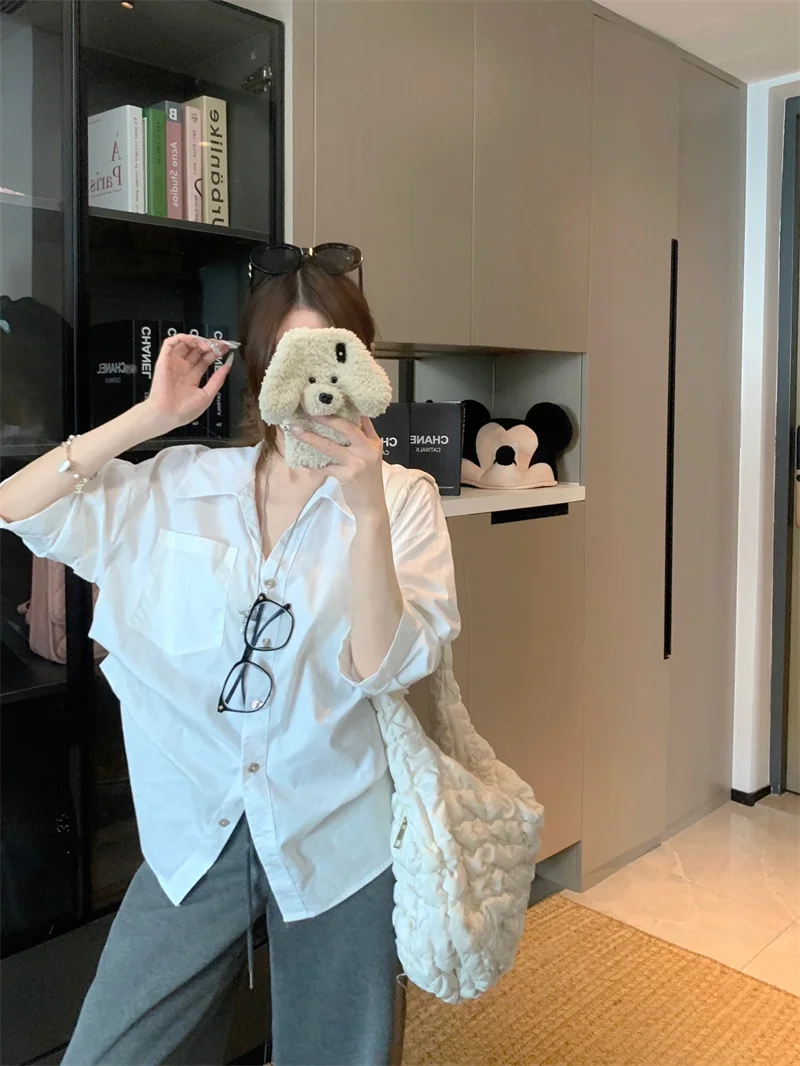

Casual Style White Single-Button Bubble Sleeve Shirt Women's Loose Slimming Top Spring Versatile Loose Fit Elegant Bubble Sle...