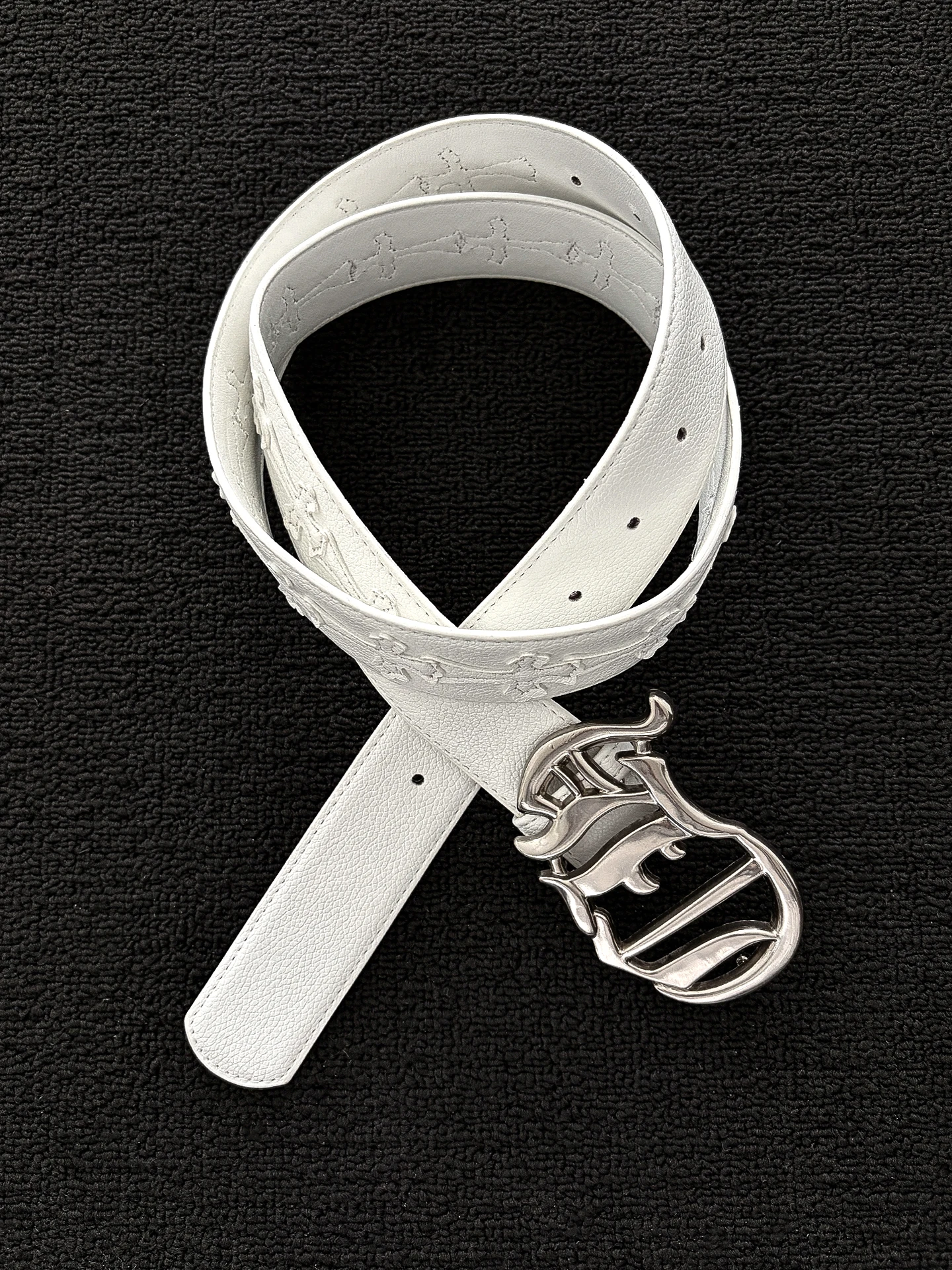 Vintage American Middle-Age Roller Cross Hollow Letter Belt Men's Fashionable White Litchi Pattern Weathered Leather Belt
