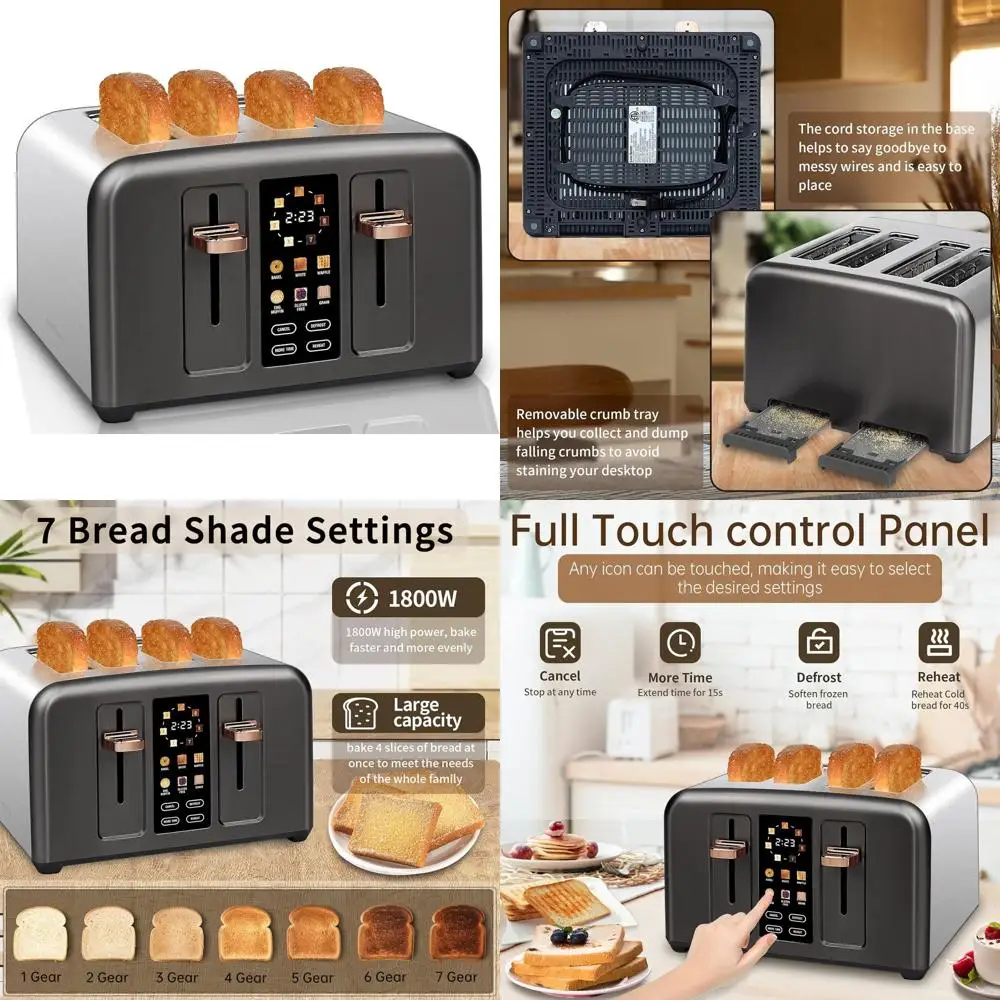 

Тостер на 4 ломтика из нержавеющей стали с сенсорным управлением, ЖК-дисплеем, 7 уровнями жарости, съемным поддоном для крошек, 1800 Вт, темно-металлический цвет