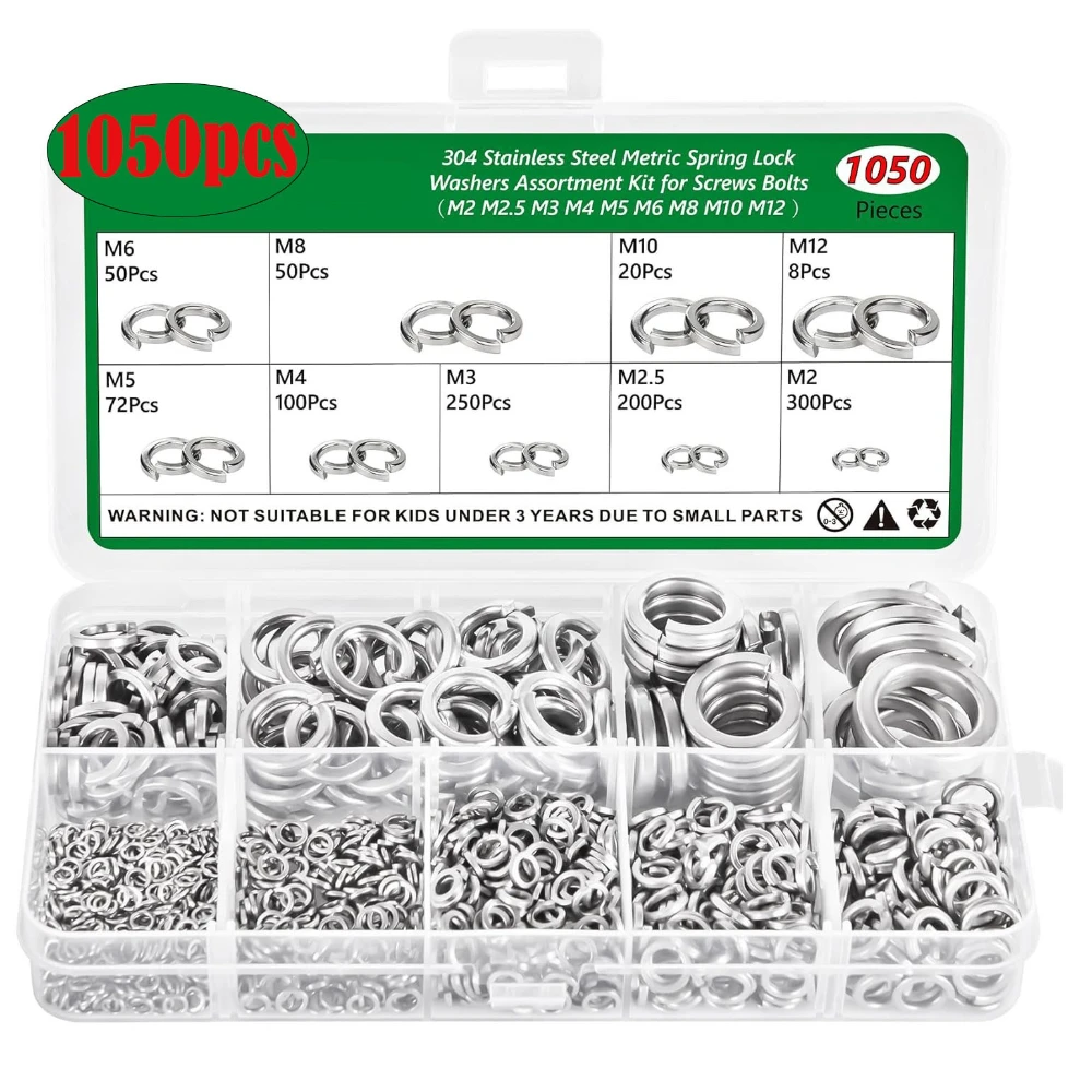 

600/1050 Pcs Ring Gasket 304 Stainless Steel Elastic Gasket Set M2 M3 M4 M5 M6 M8 M10 M12 Spring Split Lock Washer Gasket Kit