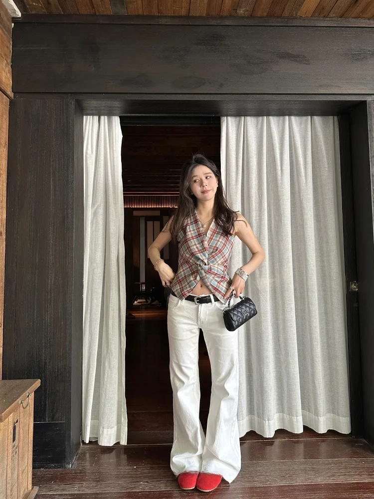 

Белые джинсы слим-фит, тонкий дизайн, лето 2025, расклешенные, в пол, с низкой посадкой, однотонные, на эластичном поясе