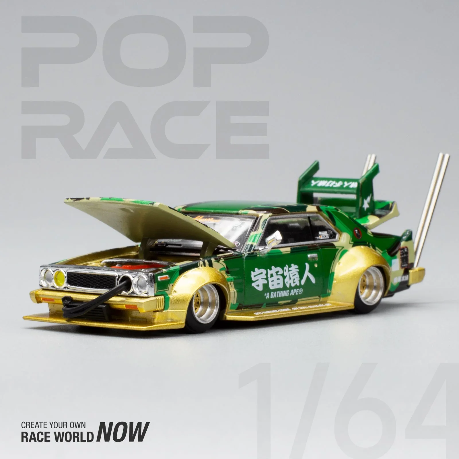 POP RACE Skyline C210 BOSOZOKU Style 30TH Anniversary BAPE 1:64 True Scale Miniatures Alloy Diecast Car Model Collection