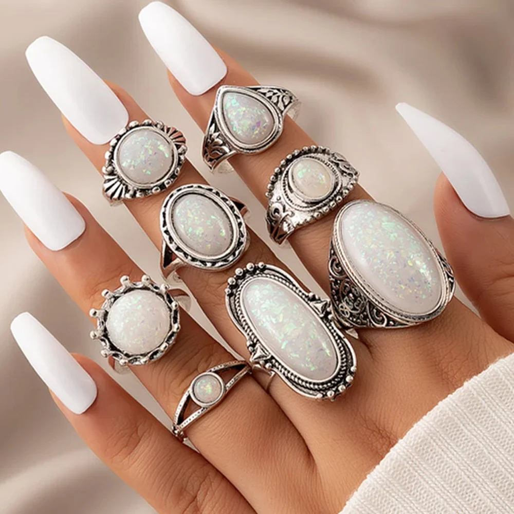 Vintage Rings Silver Color Carved Stone Bohemian Jewels For wmen and men ring set