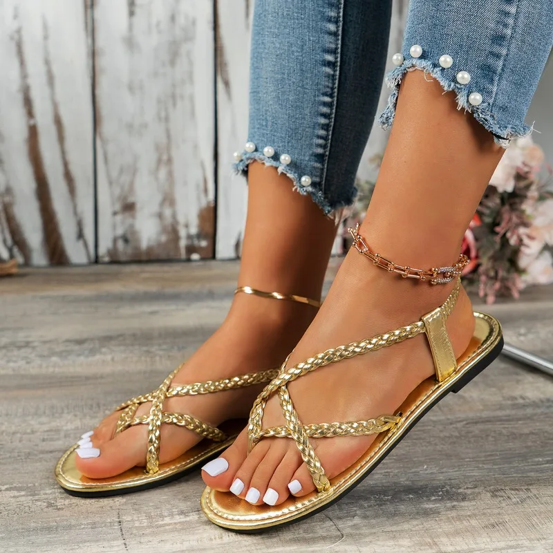 2024 New Fashion Round Toe Shallow Mouth Women's Sandals Thin Strap Cross Braided Sandals Summer Elegant Casual Flat Shoes