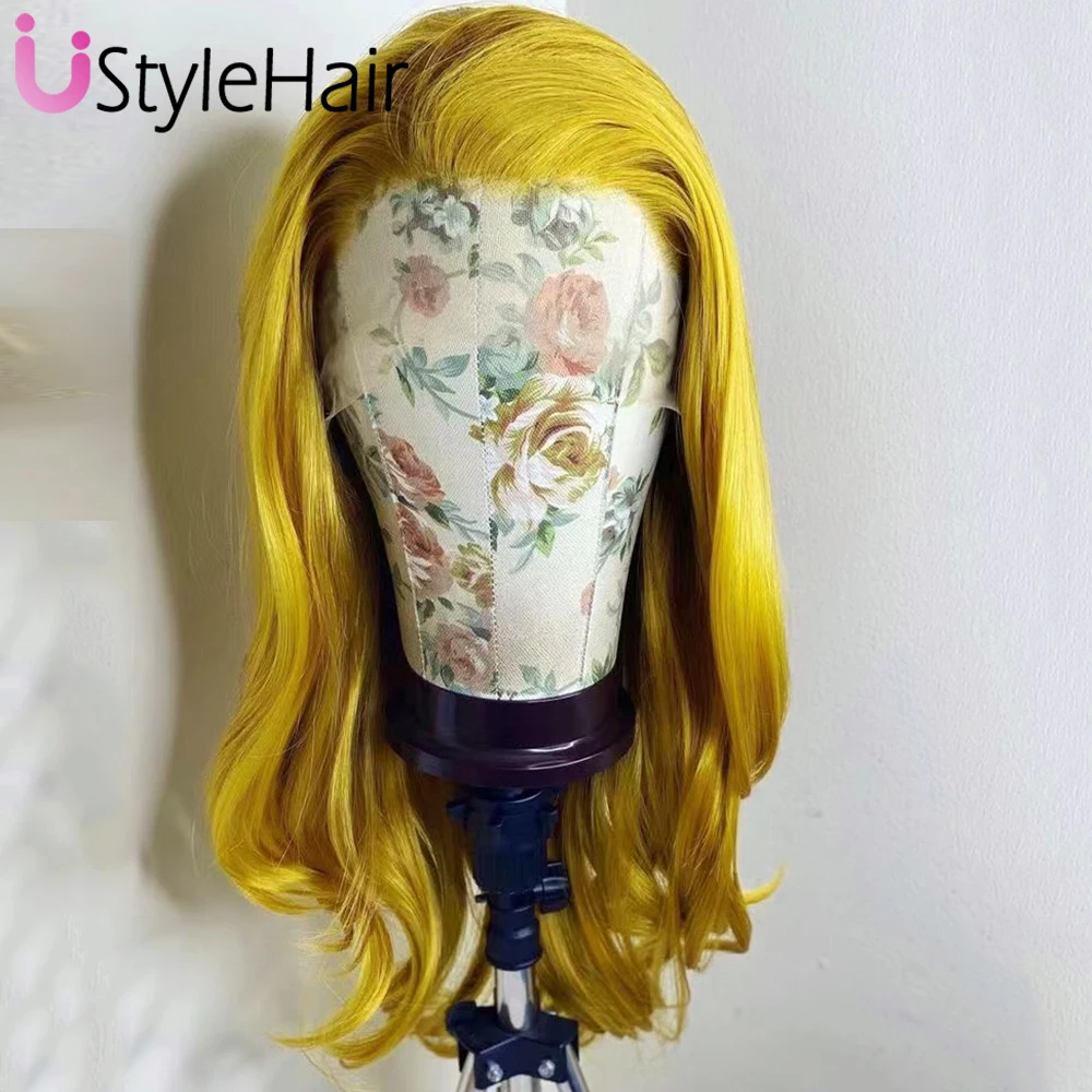 UStyleHair Yellow Long Natural Wave Wig for Women Natural Hairline Synthetic Lace Front Wigs Daily Use Drag Queen Wig 24Inches