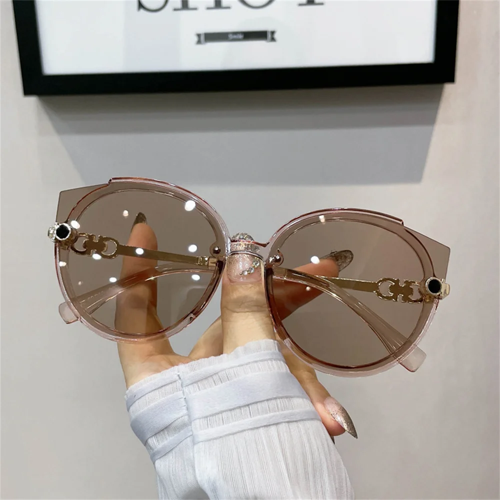 2024 New Vintage Cat Eye Round Sunglasses Women's Korean Version Metal Rimless Gradient Sun Glasses Luxury Shades UV400 Очки