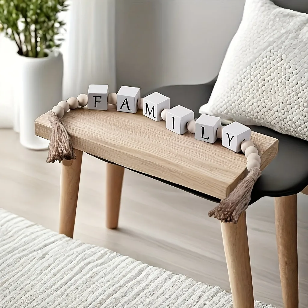Rustic Style Letter Beaded Tassel Garland for Living Room, Study, Desktop, Wall Cabinet, Bookshelf, Window Display, Tray Decoration, Wooden Engraving, Family Blessing