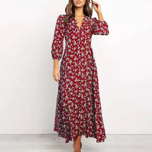 Imagen 2 del producto Maxivestido de manga larga con estampado Floral para mujer, traje holgado informal de cintura alta, bohemio, para playa