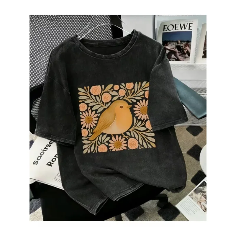 Cute Floral Cartoon Bird Print T-Shirt Vintage Y2K Tee Folk Art Flower Bird Casual Crew Neck Short Sleeve for Men Women