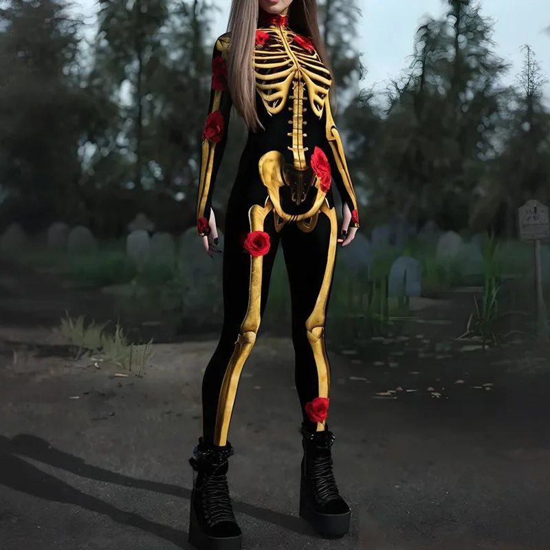 

Женские комбинезоны с принтом, комбинезоны со скелетом и воротником-стойкой, брюки-карандаш с ампирной талией, средние эластичные тонкие повседневные брюки на Хэллоуин, осень 2023 г.