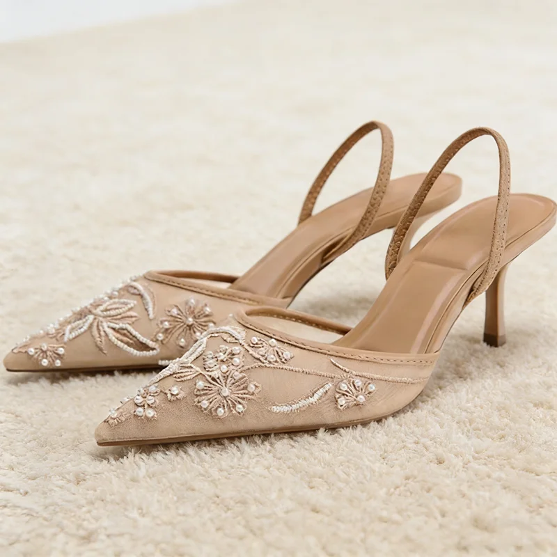 

Luxury Mesh Embroidery High Heels Women Sexy Pointed Toe String Bead Slingback Heeled Sandals Summer Elegant Banquet Dress Shoes
