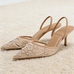 Luxury Mesh Embroidery High Heels Women Sexy Pointed Toe String Bead Slingback Heeled Sandals Summer Elegant Banquet Dress Shoes
