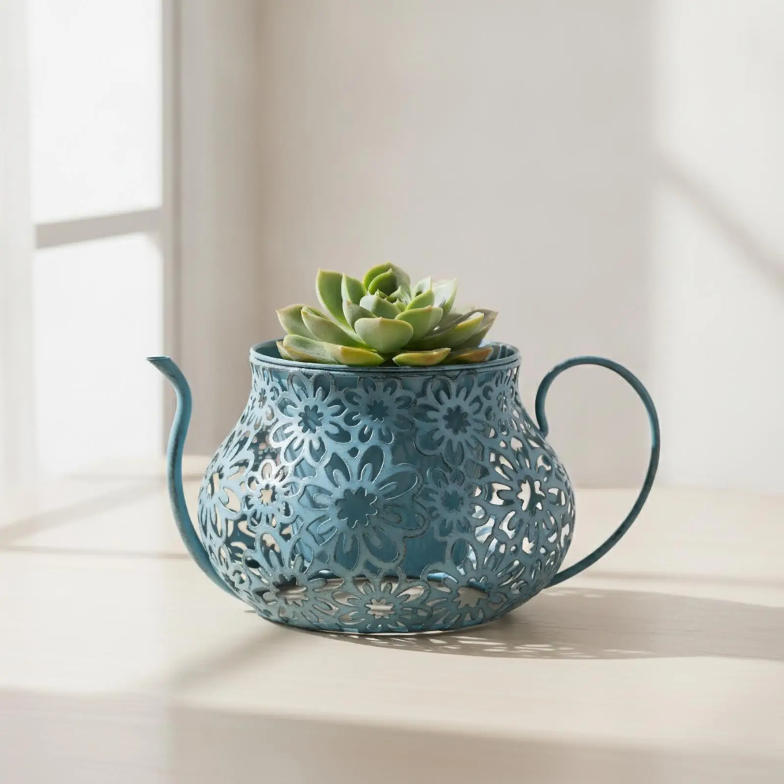 Teapot Planter Decorative Teapot Flower Pot Metal Planter with Cutout Design for Plant Lovers, Gardeners, Courtyard, Living