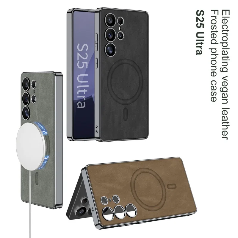 حافظات شفط مغناطيسية لهاتف سامسونج جالاكسي S25Ultra جراب هاتف شحن لاسلكي مطلي بالكهرباء ماتي جلد S25 غطاء حماية #1