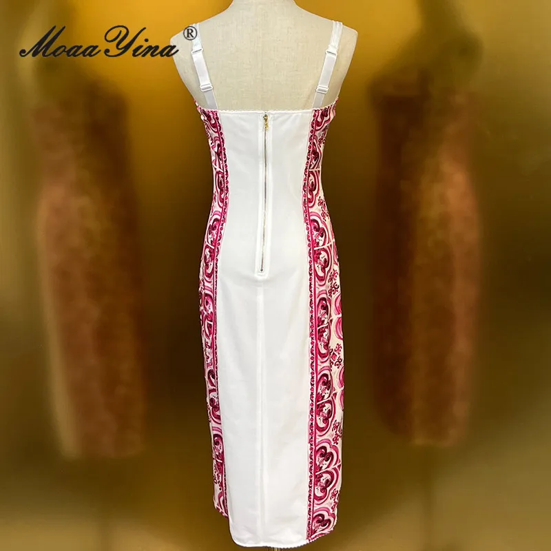 MoaaYina Summer Fashion Runway Vintage Safflower Porcelain Printing Dress Women Lapel Backless Package Buttocks Sling Long Dress