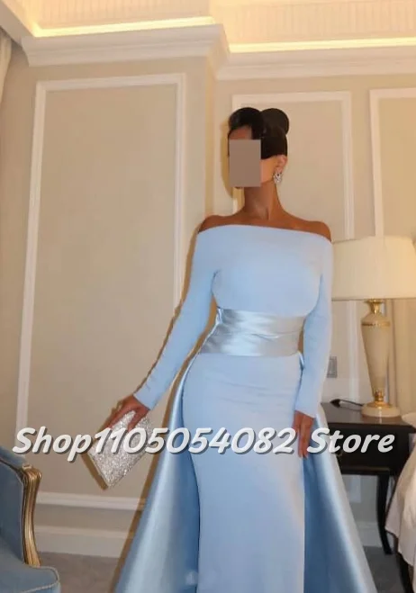 Customized Elegant Light Blue Snap Shoulder Prom Dress Arabian Evening Dress Long Sleeve Train Straight Floor-length Formal Even