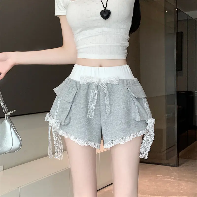 Trend Lace Bow Patchwork Wide Leg Shorts Summer New Elastic Waist Loose High Street A-line Hot Pants Fashion Sweet Women Clothes