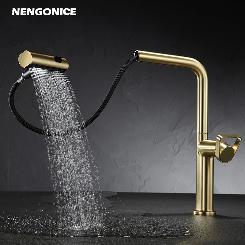 Kitchen hot and cold faucet with brushed gold surface kitchen sink faucet pull-out faucet single hole raindance waterfall type