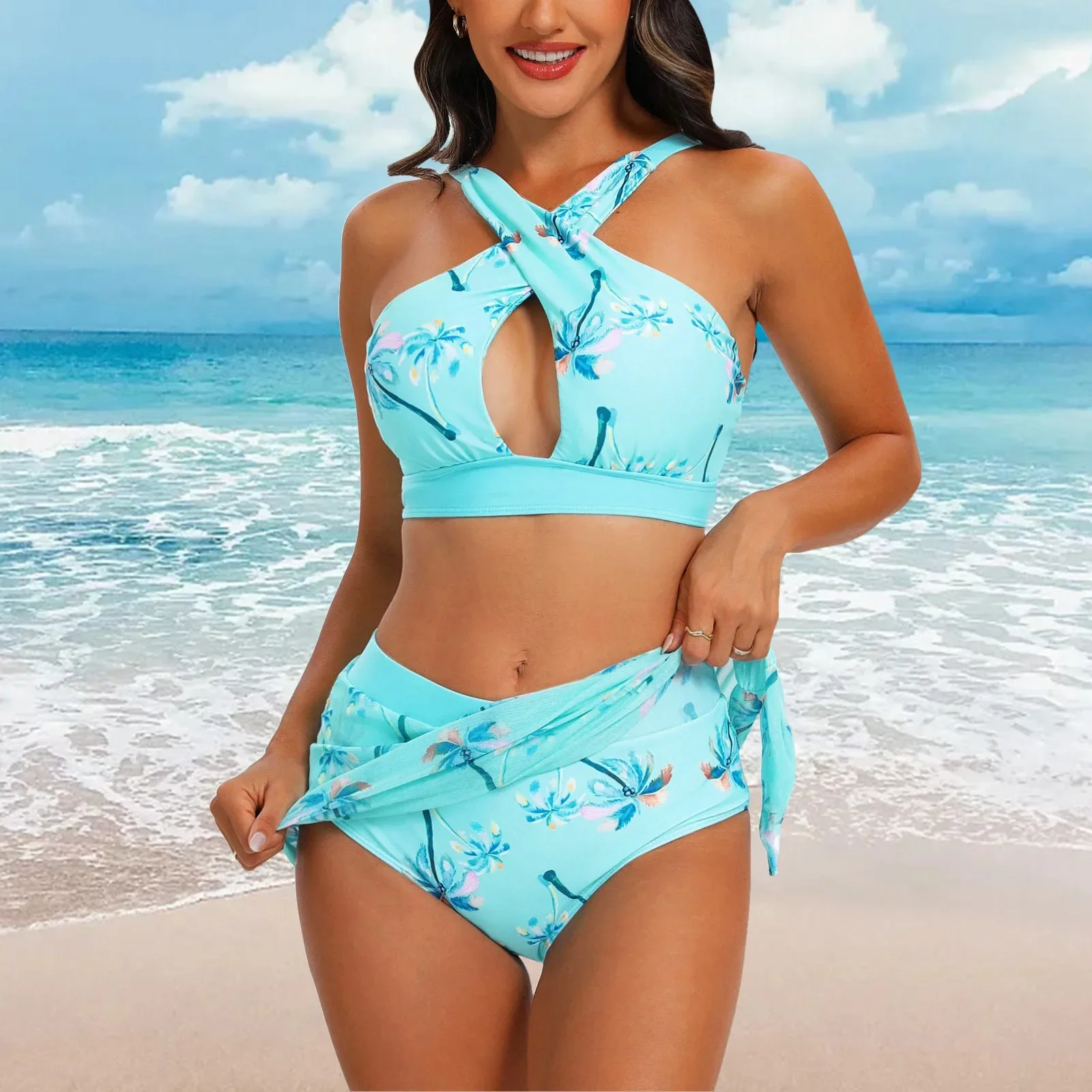 Bañador de cintura alta teñido con corbata para mujer, traje de baño estampado de nuevo diseño, conjunto de Bikini de dos piezas, ropa de playa cómoda de moda de verano