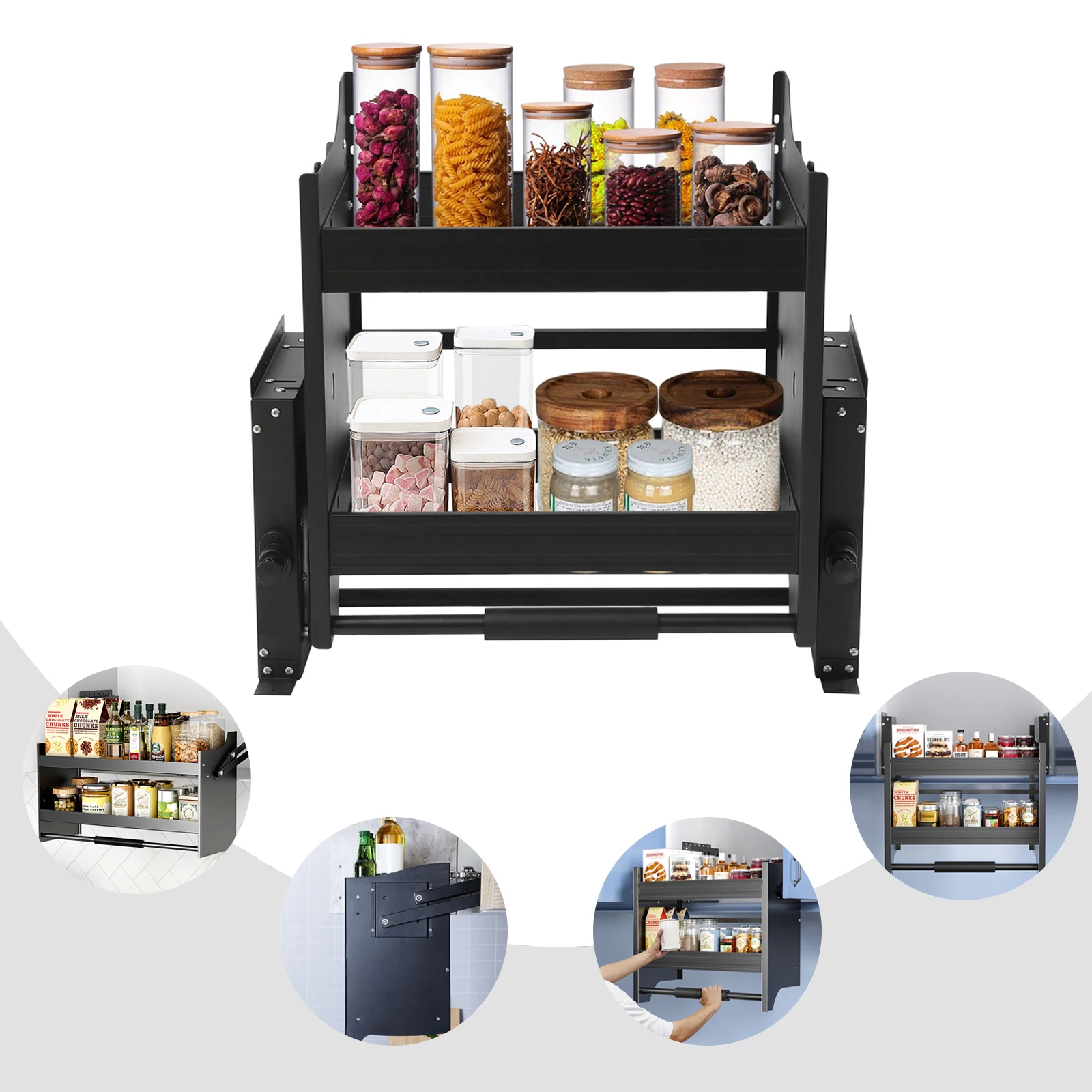 رف قابل للسحب بطبقتين، منظم خزانة لخزائن المطبخ، نظام تخزين مثبت على الحائط لتنظيم المؤن، 24 بوصة
