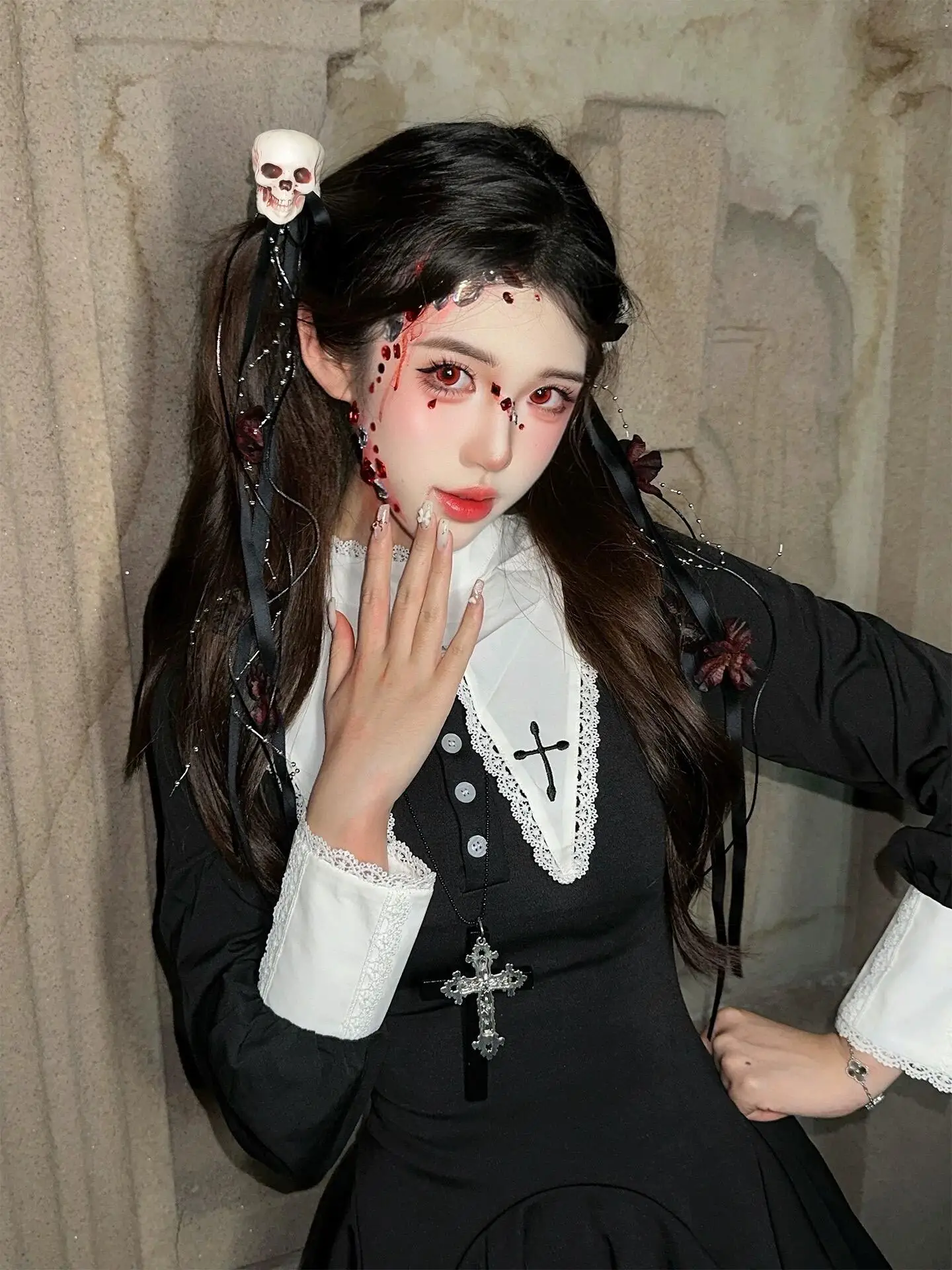 فستان راهبة قوطي بخصر مرتفع Ltt7، زي تنكري لحفلات عيد الميلاد، تصميم كاذب من قطعتين بأسلوب داكن، زي تقليدي للنساء