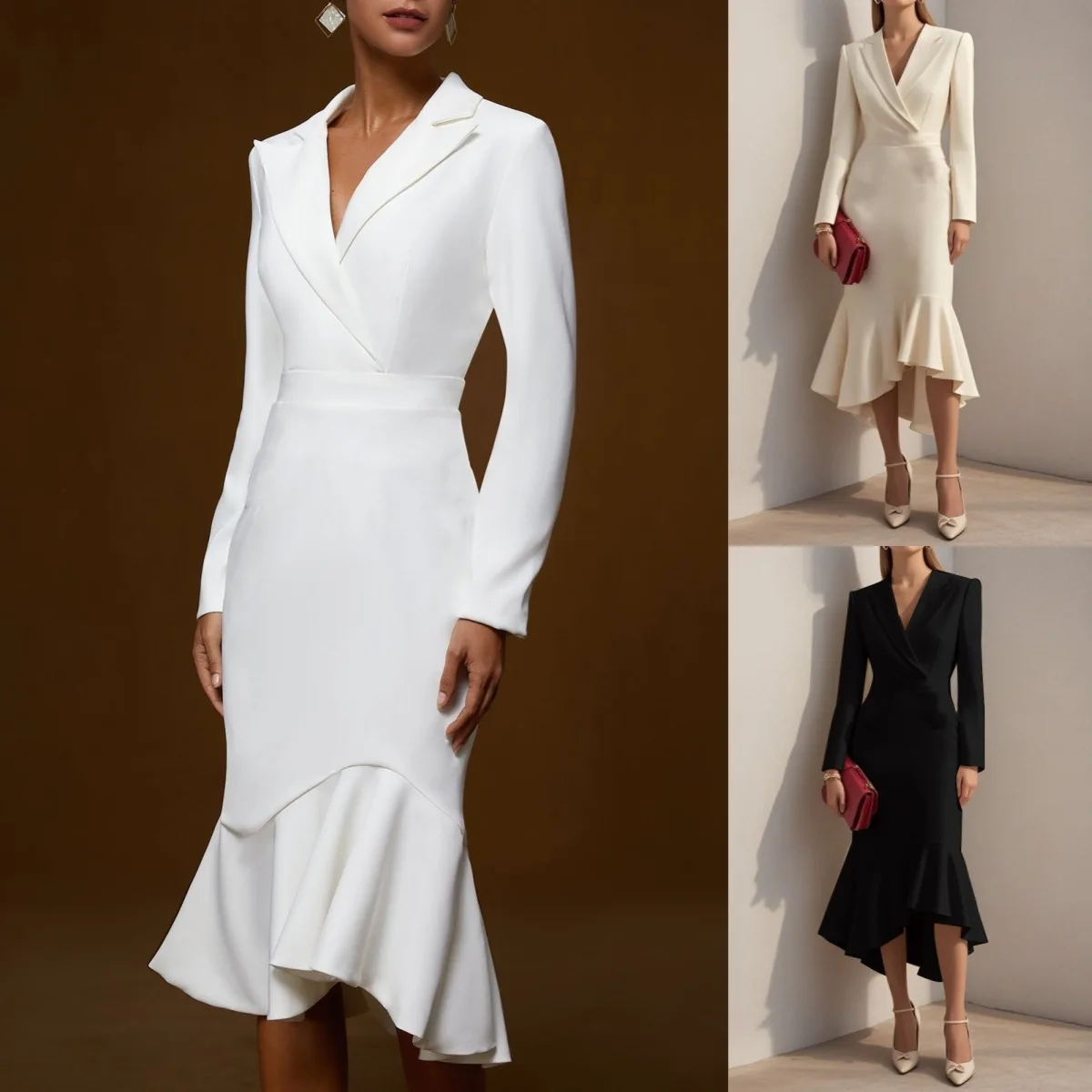 

Elegant Women's Suit Collar Dress Slim High Waist White Office Lady Black Hip-hugging Fishtail Female Beige Midi Skirt