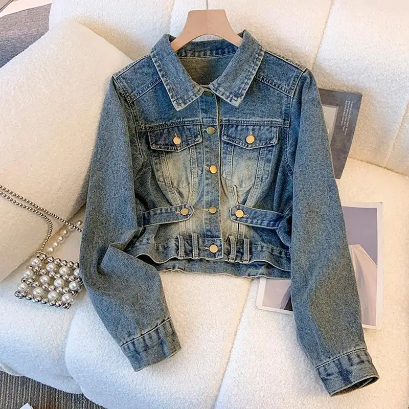 Veste en jean courte à taille 2025, manteau chic taille haute d'inspiration vintage pour femme