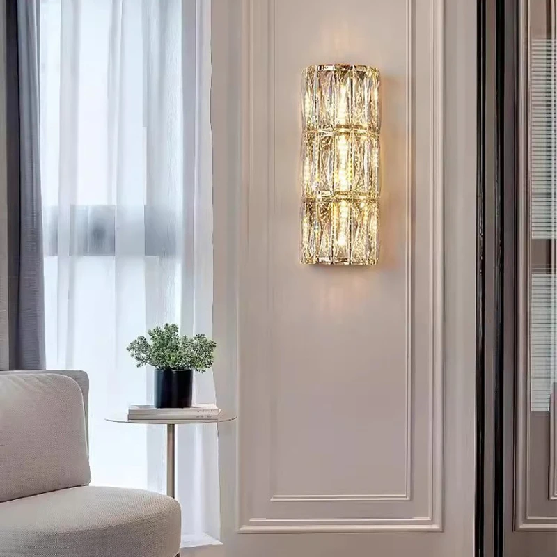 Golden Cut Crystal Wall Lamp Luxury Cylindrical Glass Sconce Vertical Stripe Indoor Light For Living Room Bedroom Hallway Home
