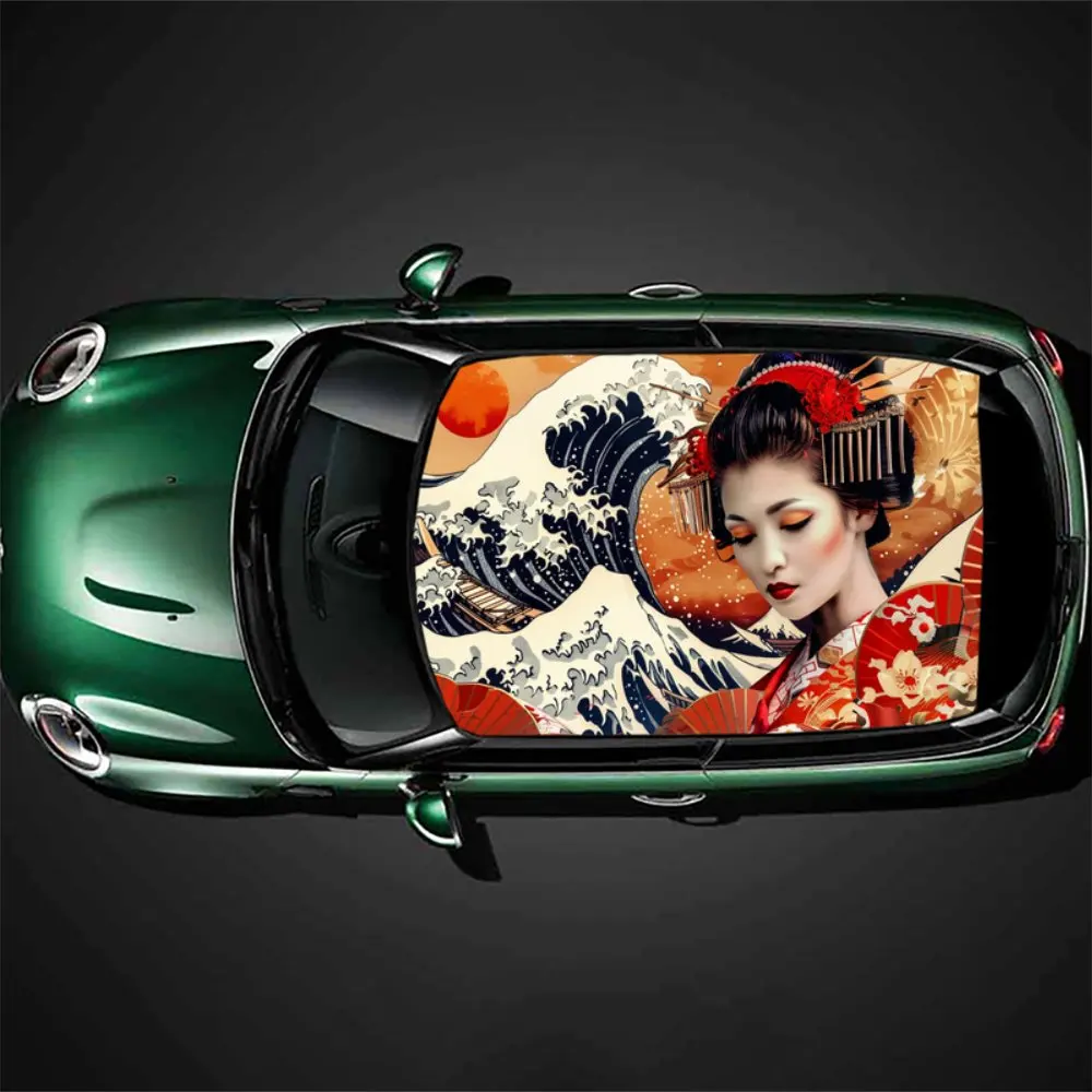 

Beauty Japanese Geisha Wave Red Sun Car Roof Sticker Wrap Racing SUV Auto Accessories Packaging PVC Car Hood Graphic Decal Decor