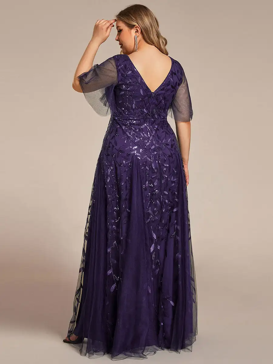 Vestidos de noche de talla grande con cuello en V profundo y mangas cortas 2025 Ever Pretty of Dark Purple Shimmery vestido de dama de honor con lentejuelas