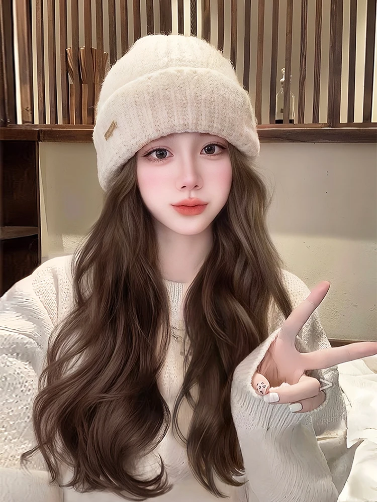 Hat wig female integration, fashionable autumn and winter knitted hat, daily wig hat