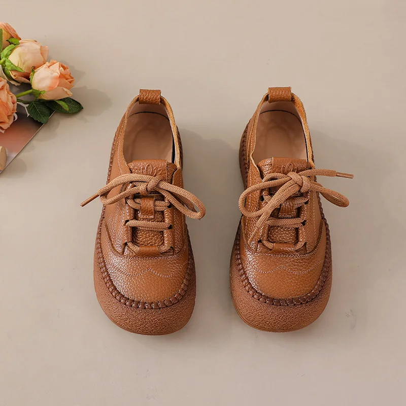 

Feerldi brand oxford sneakers woman retro brown flats designer casual lace up moccasins female genuine leather driving shoes