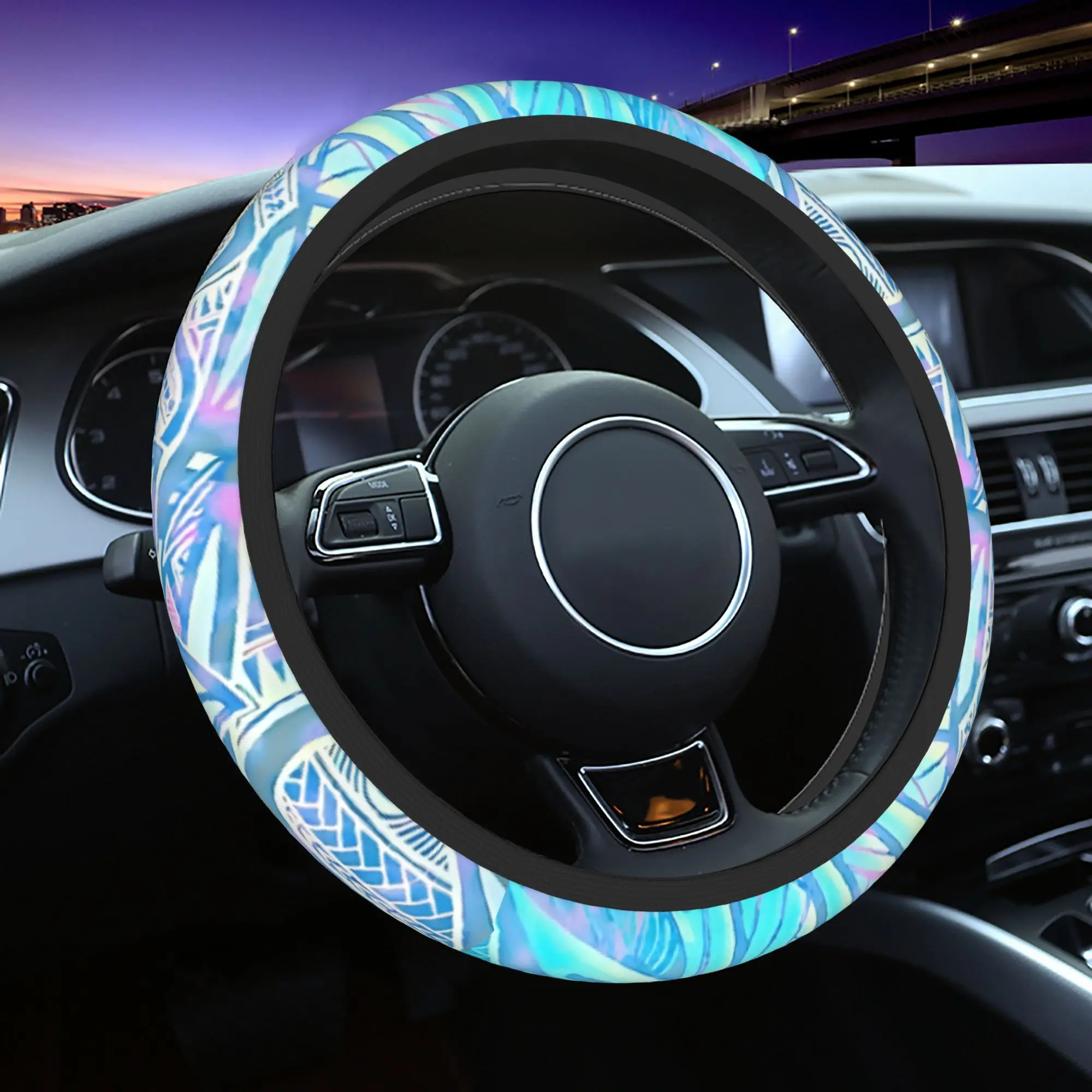 1pc a Blue Ocean-Themed Hawaiian Samoan Polynesian Tribal Steering Wheel Cover, Designed Without an Inner Ring