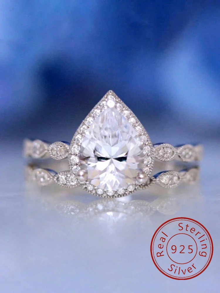 

S925 Sterling Silver Zircon Fashion Single Row WaterDrop Set Rings For Women Engagement Wedding Luxury High Quality Fine Jewelry