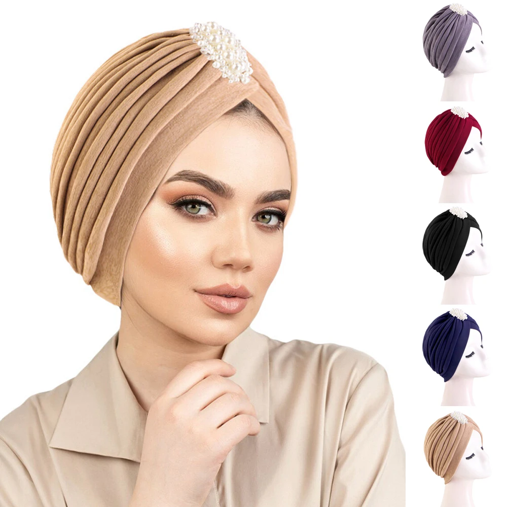 

Indian Turban Muslim Hijab Hat Pleated Headscarf Beanies Bonnet Chemo Cap Hair Loss Head Wrap Bandanas Headband Turbante Mujer