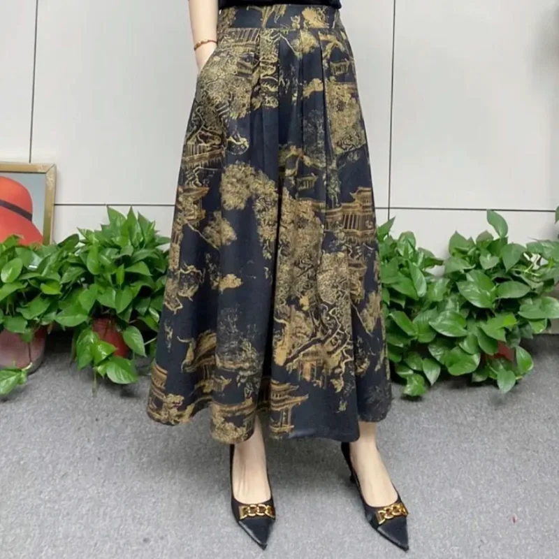 Modna spódnica dla mamy na wiosnę i jesień, nowa retro spódnica o średniej długości z nadrukiem, spódnica z wysokim stanem, spódnica w kształcie litery A.