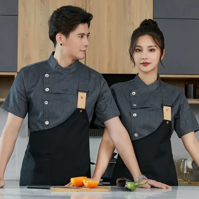 Abrigo de Chef de manga corta gris para hombre, chaqueta LogoChef, delantal para cabeza de verano, uniforme de Chef, restaurante, Hotel, cocina, ropa de cocina