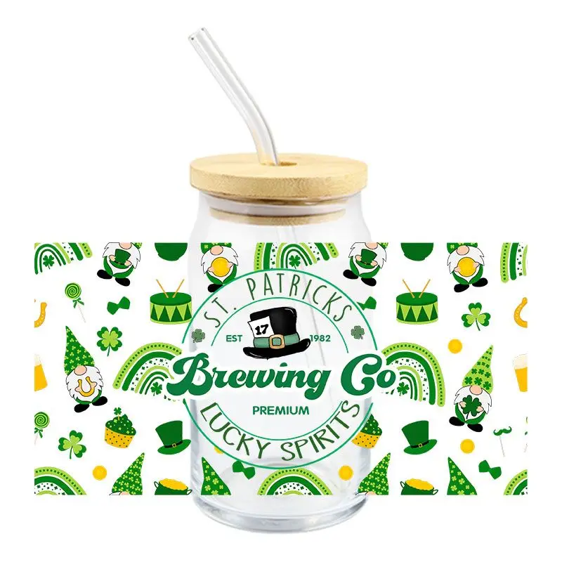 St. Patrick's Day 3D Transfer Sticker Howdygo Lucky UV DTF Wraps Cup Libbey Glass Cup 16 OZ Sticker High Quality Waterproof