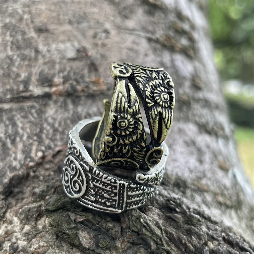 Norse Viking Odin\'s Raven Ring Adjustable Scandinavian Mythology Triskele Triskelion Symbol Punk Jewelry