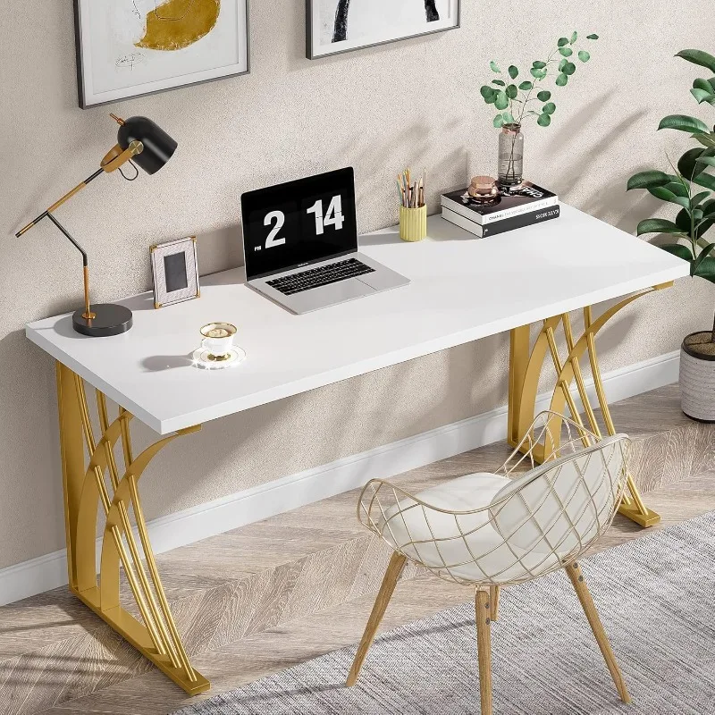 55'' Large Modern Computer Desk, White and Gold Deluxe Laptop Student Desk, Vanity with Thick Frame and Sturdy Legs