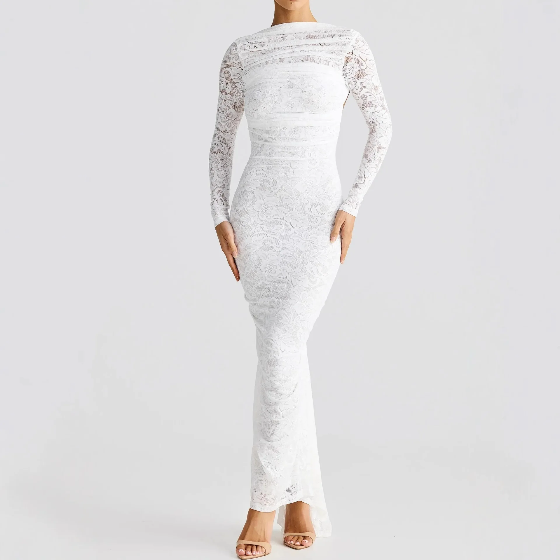 Women Lace 2025 Sheer New Long Sleeve Dress Backless Fashion Sexy Slim Fit Bodycon Long Dress