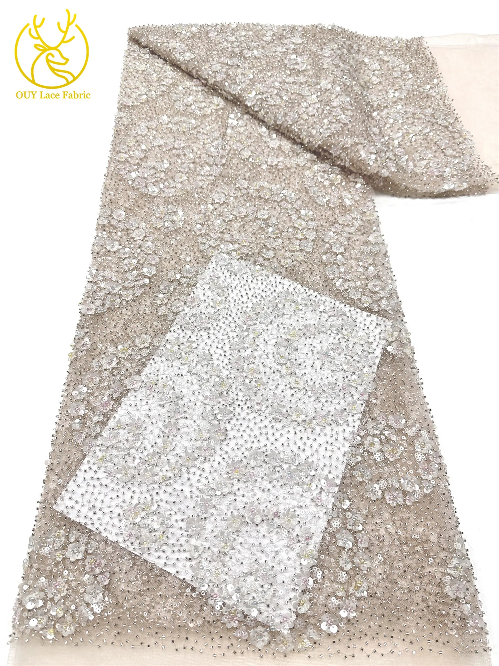 Exquisiter, eleganter nigerianischer bestickter Tüll-Spitzenstoff mit Perlen und Pailletten für Damen, zum Nähen von Ballkleidern. – Detail 13