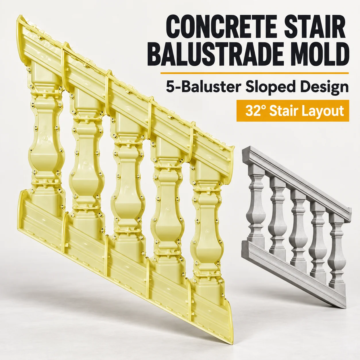 Concrete Molds Stair Balustrade 5-Baluster 32 Degree, Reusable Railing Form for Garden Step