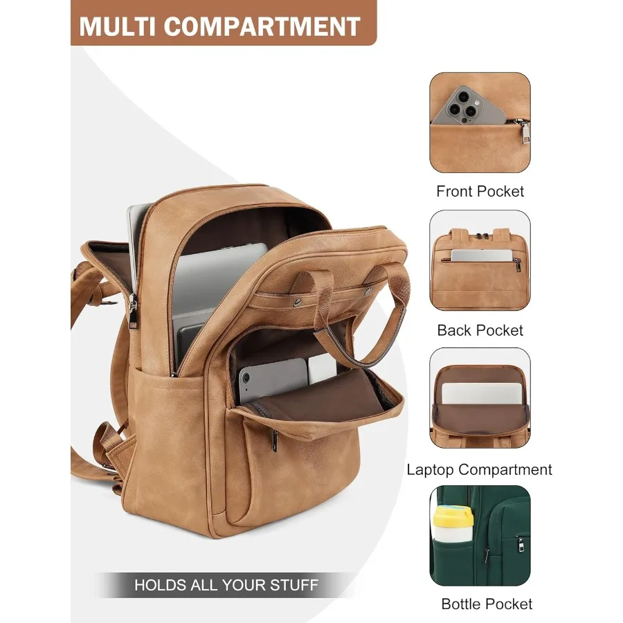 MASINTOR Leather Laptop Backpack for Women Stylish Computer Backpack College Business Work Shoulder Bags Work and Travel Retro